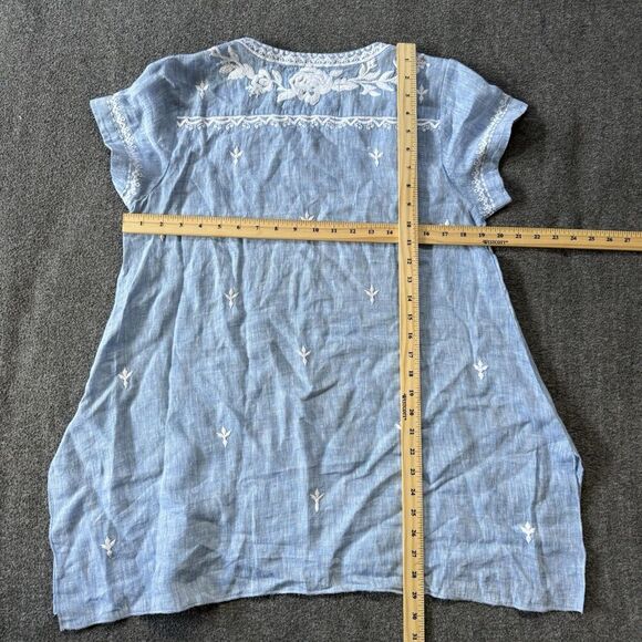 Kyla Seo Shirt Womens S Blue Linen Chambray Floral Embroidered Beach Coastal - Picture 8 of 11